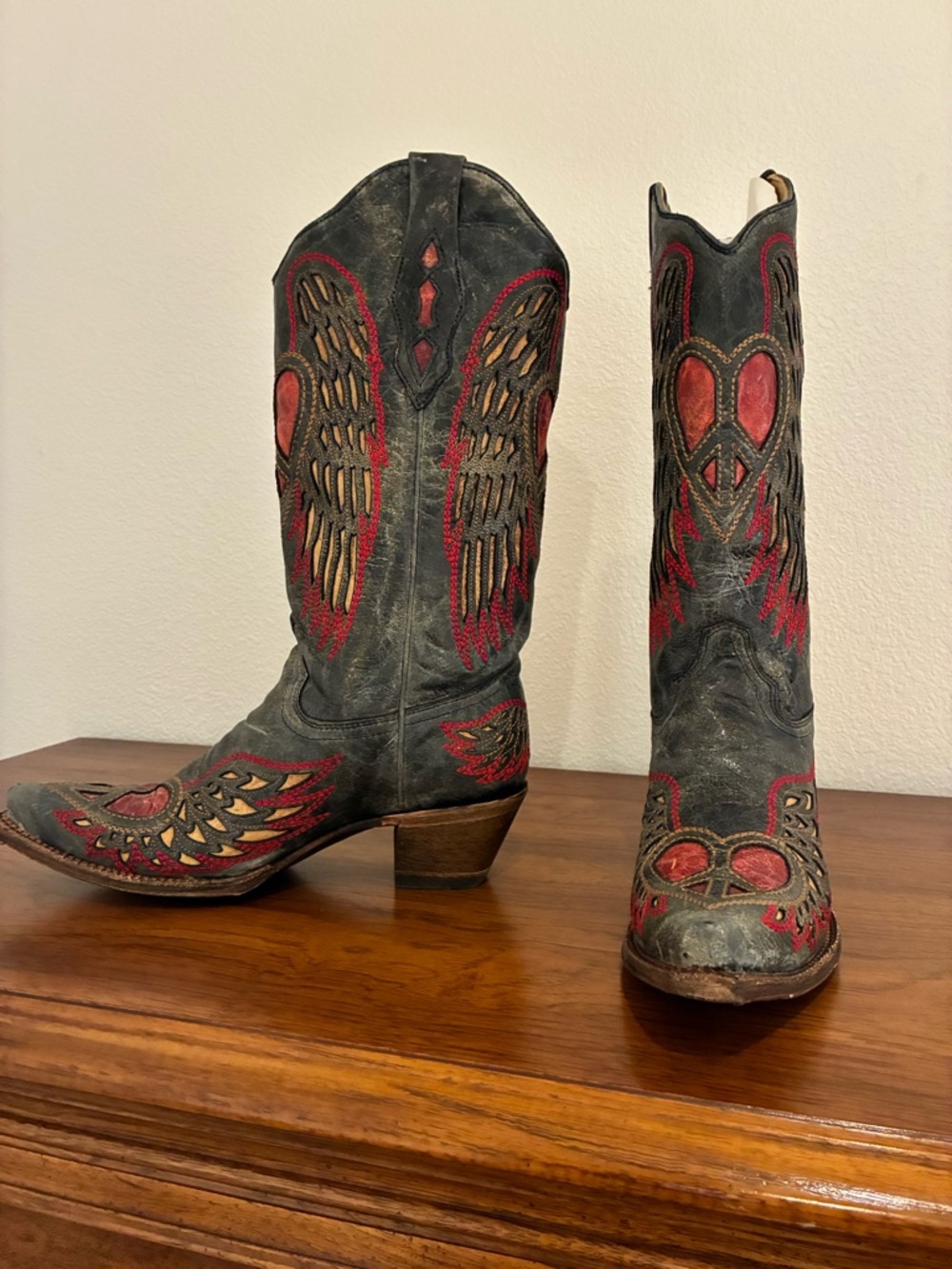 Women's Black Leather Lace-Up Western Boots with Red & Tan Embroidery